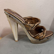 Vintage Tony Keuylian Snake Print Platform Mules – Gold Bronze Leather Y2K Sandals