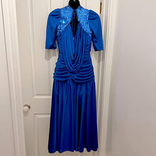Vintage 80s Electric Blue Sequin Draped Maxi Dress | Open Back Tie Detail, Made Australia