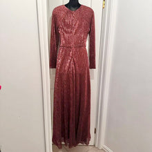 Burgundy Copper Sequin Formal Gown – Double Front Slit Long Sleeve Maxi Dress, Padded Cups & Back Zip, Shimmering Red Bronze Evening