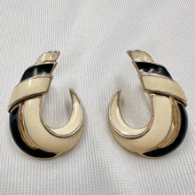 Vintage Black & Ivory Enamel Hoop Stud Earrings | Bold 80s Statement Earrings | Gold Tone Jewellery