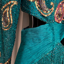 Vintage 80s Heavily Beaded Silk Gown Emerald Teal Sequin Cutout Prom Pageant Dress