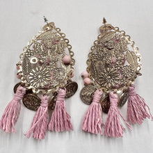 Vintage Pink Boho Statement Tassel Earrings | Oversized Coin Charm Drop Earrings | Festival Gypsy Chic