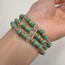 Vintage Triple Wrap Beaded Stretch Bracelet | Mint Green & Natural Wood Tone Beads | Layered Boho Y2K Bracelet | Multi Strand Statement