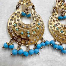 Vintage Gold & Turquoise Rhinestone Drop Earrings – Boho Crescent Dangle