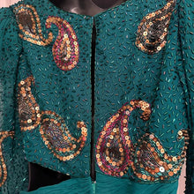 Vintage 80s Heavily Beaded Silk Gown Emerald Teal Sequin Cutout Prom Pageant Dress