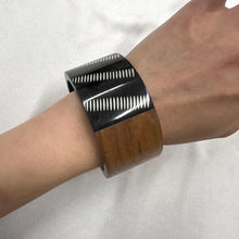 Vintage Wood & Black Acrylic Wide Bangle | Chunky Statement Bracelet | Geometric Artisan Cuff | Bohemian Jewelry