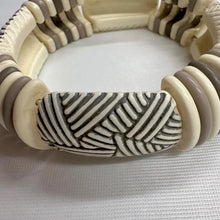Vintage Tribal Elastic Statement Bracelet | Carved Ivory & Taupe Resin Beads | Boho Chunky Stretch Bracelet