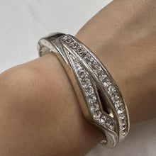 Vintage Rhinestone Open Cuff Bracelet / Silver Tone Geometric Bangle / Art Deco Style Jewelry