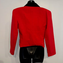 Vintage French Red Wool Blazer, 80s Red Double Breasted Jacket, Black Velvet Collar, Tailored Peplum Jacket, Made in France