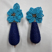 Vintage Blue & Turquoise Beaded Floral Statement Earrings | Raffia Drop Earrings | Tropical Boho Dangle Earrings