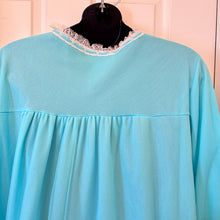Vintage Aqua Blue Long Sleeve Granny Nightgown - White Embroidered Lace Bodice Yoke Bow Accent Sleep Dress - Fits Modern Large