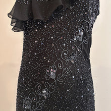 Vintage Black Beaded Sequin One Shoulder Maxi Dress, Silver Floral Embellished Evening Gown, Asymmetric Ruffle Hem, Statement Party Dress