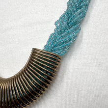 Vintage Turquoise Beaded Statement Necklace – Braided Aqua Glass, Gold-Tone Centre Pieces