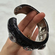 Vintage Black Enamel Hinged Bangle Bracelet | Faceted Crystal Statement Cuff | Glam Art Deco Style