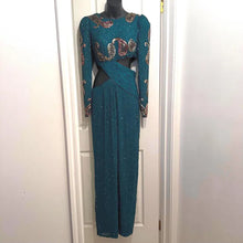 Vintage 80s Heavily Beaded Silk Gown Emerald Teal Sequin Cutout Prom Pageant Dress