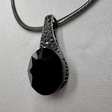 Vintage Black Crystal Pendant Necklace | Gunmetal Snake Chain Necklace | Gothic Minimalist Jewelry | Art Deco Statement Necklace