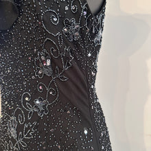 Vintage Black Beaded Sequin One Shoulder Maxi Dress, Silver Floral Embellished Evening Gown, Asymmetric Ruffle Hem, Statement Party Dress