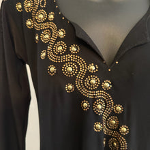 Black Gold Rhinestone Maxi Dress, Long Sleeve Deep V Neck Evening Gown, Diagonal Embellished Formal Dress, Elegant Statement Party Wear