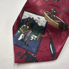 Vintage Fishing Novelty Tie Burgundy Fishing Print 100% Polyester Retro Necktie