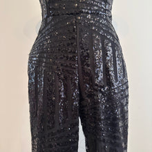 Black Sequin Halter Jumpsuit, Geometric Stripe Open Back Party Outfit (Size S)