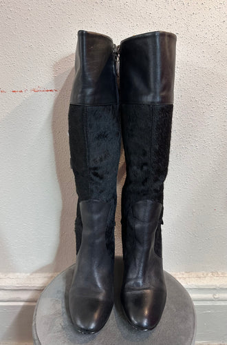 Vintage Black Leather & Pony Hair Knee-High Heeled Boots