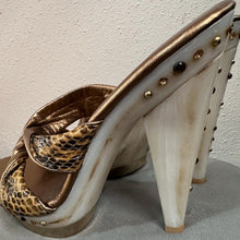 Vintage Tony Keuylian Snake Print Platform Mules – Gold Bronze Leather Y2K Sandals