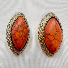 Vintage Orange Stone Effect Stud Earrings | Gold Tone Marquise Statement Earrings | Retro 80s Jewellery