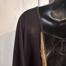 Black Pleated Open Back Tunic Dress, Gold Embellished Long Sleeve Mini Dress, Flared Sleeve Black Dress, Elegant Vintage Eveningwear