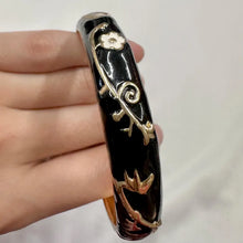 Vintage Black Enamel Floral Hinge Bangle | Gold-Tone Botanical Bracelet | Elegant Statement Jewelry