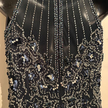 Vintage 1980s Beaded Fringe Dress | Midnight Blue Asymmetric Mock Neck Evening Gown