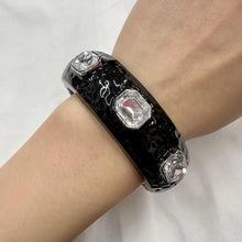 Vintage Black Enamel Hinged Bangle Bracelet | Faceted Crystal Statement Cuff | Glam Art Deco Style