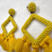 Bright Yellow Beaded Tassel Statement Earrings – Geometric Fringe Drops