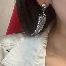 Vintage Silver Tusk Drop Earrings – Bold Statement Dangle with Black Stone Detail