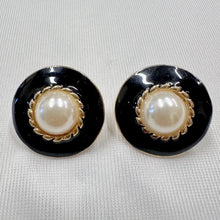 Vintage Black Enamel & Faux Pearl Stud Earrings | Gold Tone Classic Statement Earrings | Elegant Retro Jewellery