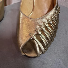 Vintage Gold Leather Peep Toe Heels Size EU 37 | Woven Detail Pumps Metallic Party Shoes Stiletto Heel