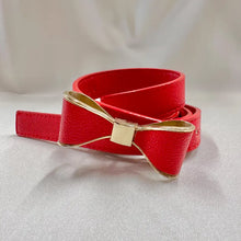 Red Bow Belt / Vintage Inspired Faux Leather Ribbon Belt / Coquette Statement Waist Belt / Gold Tone Detail