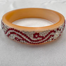 Vintage Rhinestone Pearl Bangle Bracelet, Red Crystal Embellished Cream Lucite Style Bracelet, Y2K Glam Statement Jewelry