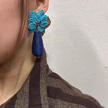Vintage Blue & Turquoise Beaded Floral Statement Earrings | Raffia Drop Earrings | Tropical Boho Dangle Earrings