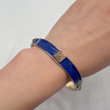 Vintage Cobalt Blue Enamel Stud Bangle | Gold Tone Cuff Bracelet | Geometric Pyramid Acce