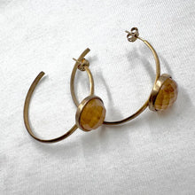 Gold Hoop Earrings with Faceted Amber Tone Resin – Vintage Style Statement Hoops