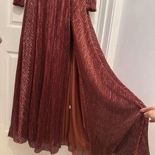Burgundy Copper Sequin Formal Gown – Double Front Slit Long Sleeve Maxi Dress, Padded Cups & Back Zip, Shimmering Red Bronze Evening