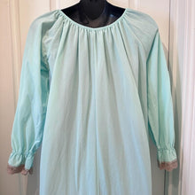 Vintage 1970s Vieling Mint Green Maxi Nightgown | Pleated All Nylon Sleepwear with Contrast Lace & Ruffle Hem | Size 12 Fits Small to Medium