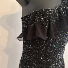 Vintage Black Beaded Sequin One Shoulder Maxi Dress, Silver Floral Embellished Evening Gown, Asymmetric Ruffle Hem, Statement Party Dress