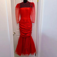 Vintage 1980s Red Mermaid Gown | Sheer Lace Sleeves, Ruched Formal Dress