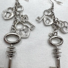 Vintage Silver Key Charm Dangle Earrings – Long Statement Heart & Lock Drop