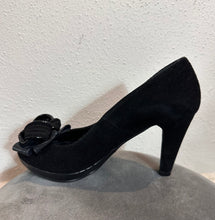 Vintage Black Suede Peep-Toe Heels with Statement Bow
