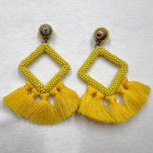 Bright Yellow Beaded Tassel Statement Earrings – Geometric Fringe Drops
