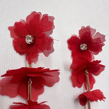 Statement Red Floral Drop Earrings | Fabric Flower Cascade Earrings | Gold Tone Long Dangle Stud Earrings