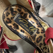 Red Suede Black Patent T-Strap Heels: Leopard Insole, Button Detail Pumps (Size 10)