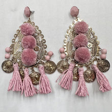 Vintage Pink Boho Statement Tassel Earrings | Oversized Coin Charm Drop Earrings | Festival Gypsy Chic